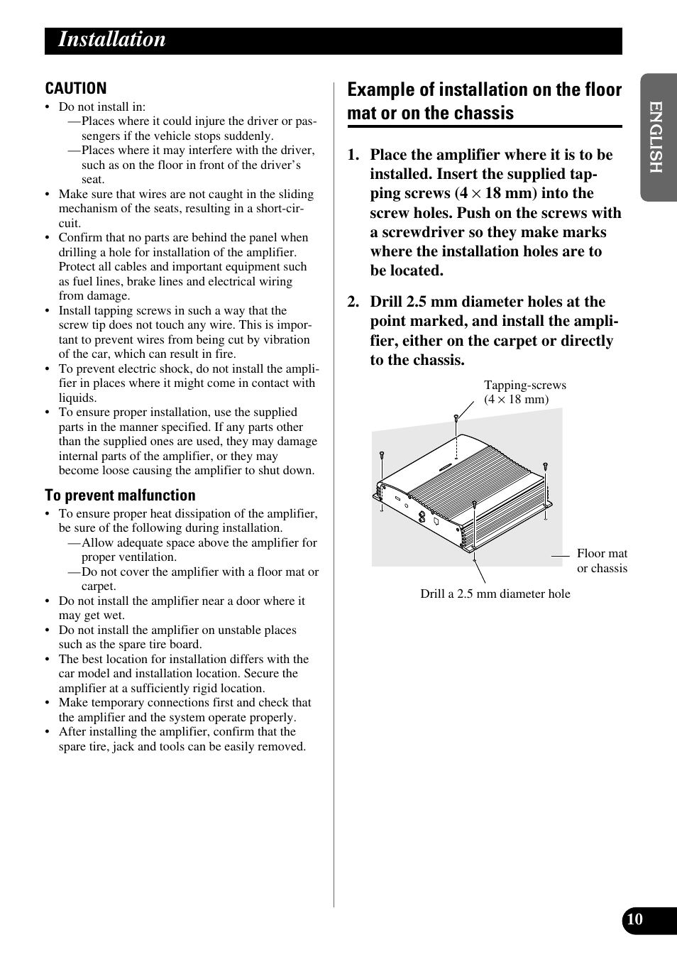 Installation, Example of installation on the floor mat, Or on the chassis | Pioneer GM-X562 User Manual | Page 11 / 76