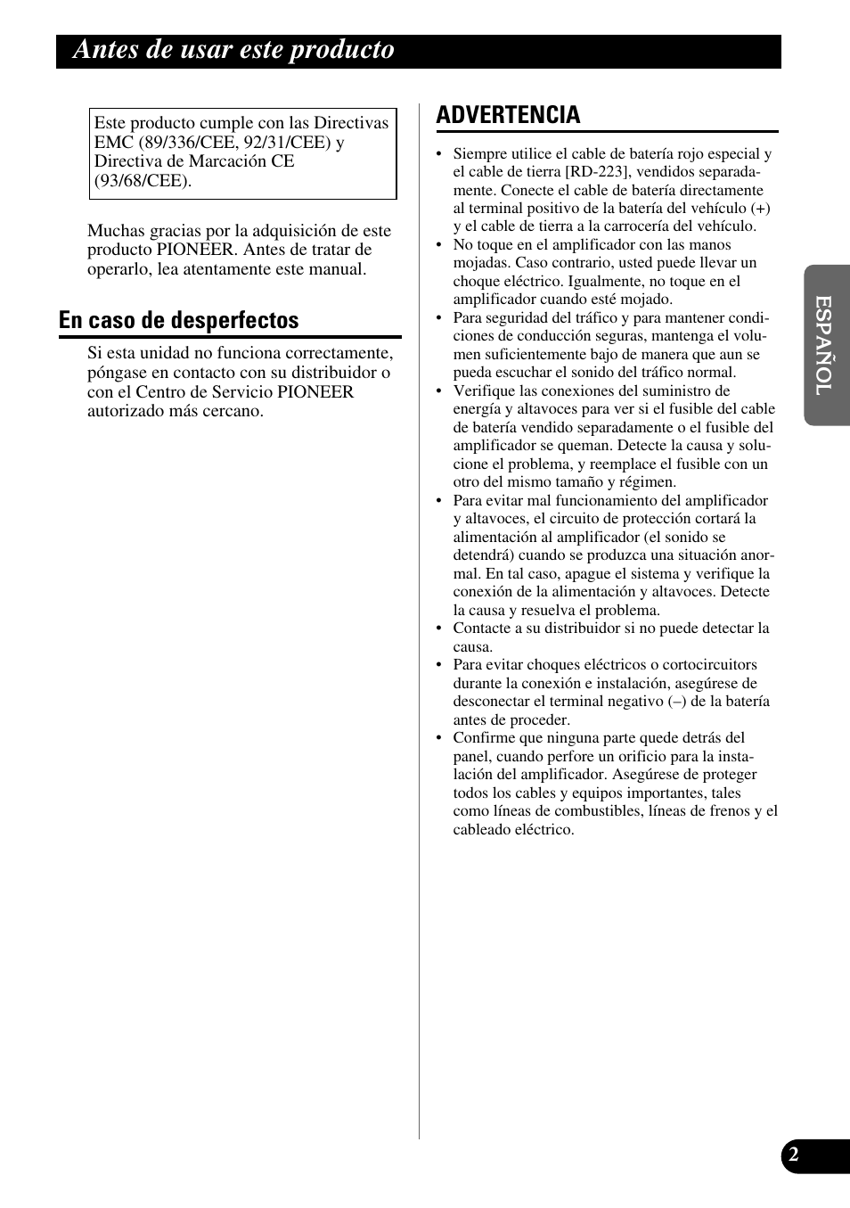 Antes de usar este producto, En caso de desperfectos advertencia, En caso de desperfectos | Advertencia | Pioneer GM-X562 User Manual | Page 15 / 76