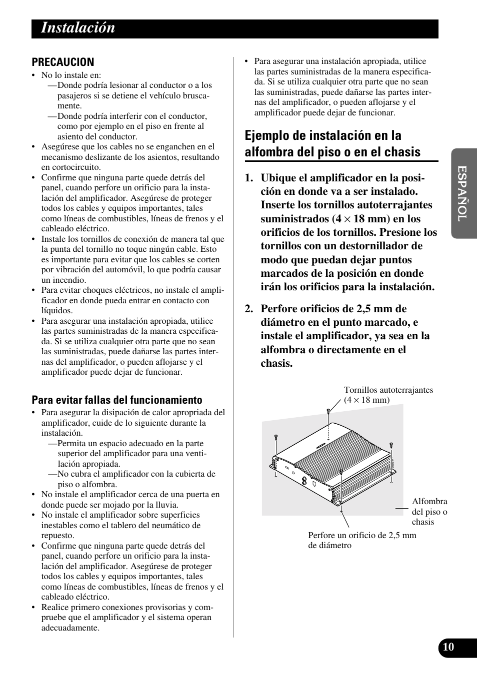 Instalación, Ejemplo de instalación en la alfombra, Del piso o en el chasis | Pioneer GM-X562 User Manual | Page 23 / 76