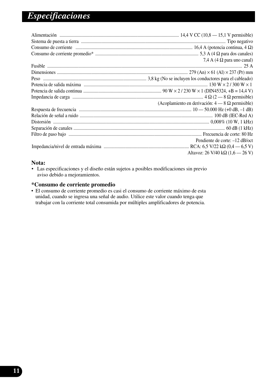 Especificaciones | Pioneer GM-X562 User Manual | Page 24 / 76