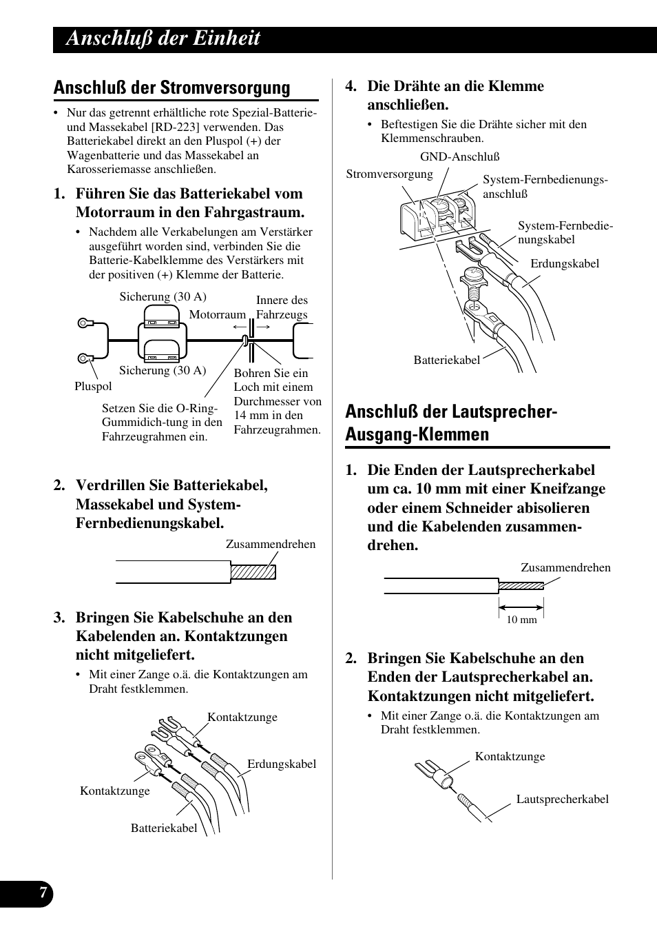 Klemmen, Anschluß der einheit, Anschluß der stromversorgung | Anschluß der lautsprecher- ausgang-klemmen | Pioneer GM-X562 User Manual | Page 32 / 76