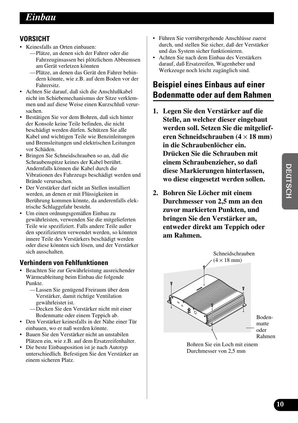 Einbau, Beispiel eines einbaus auf einer, Bodenmatte oder auf dem rahmen | Pioneer GM-X562 User Manual | Page 35 / 76