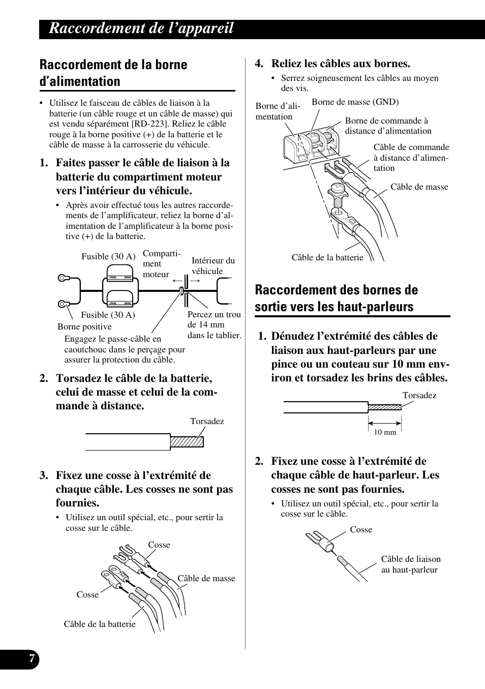 Les haut-parleurs, Raccordement de l’appareil, Raccordement de la borne d’alimentation | Pioneer GM-X562 User Manual | Page 44 / 76