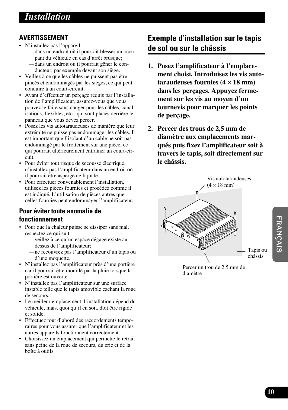 Installation, Exemple d’installation sur le tapis de sol, Ou sur le châssis | Pioneer GM-X562 User Manual | Page 47 / 76