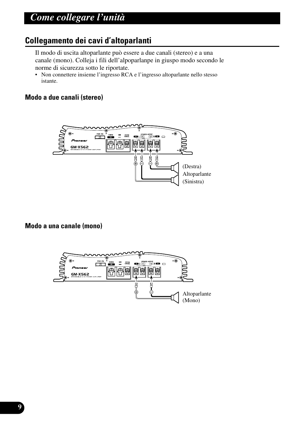 Collegamento dei cavi d’altoparlanti, Come collegare l’unità | Pioneer GM-X562 User Manual | Page 58 / 76