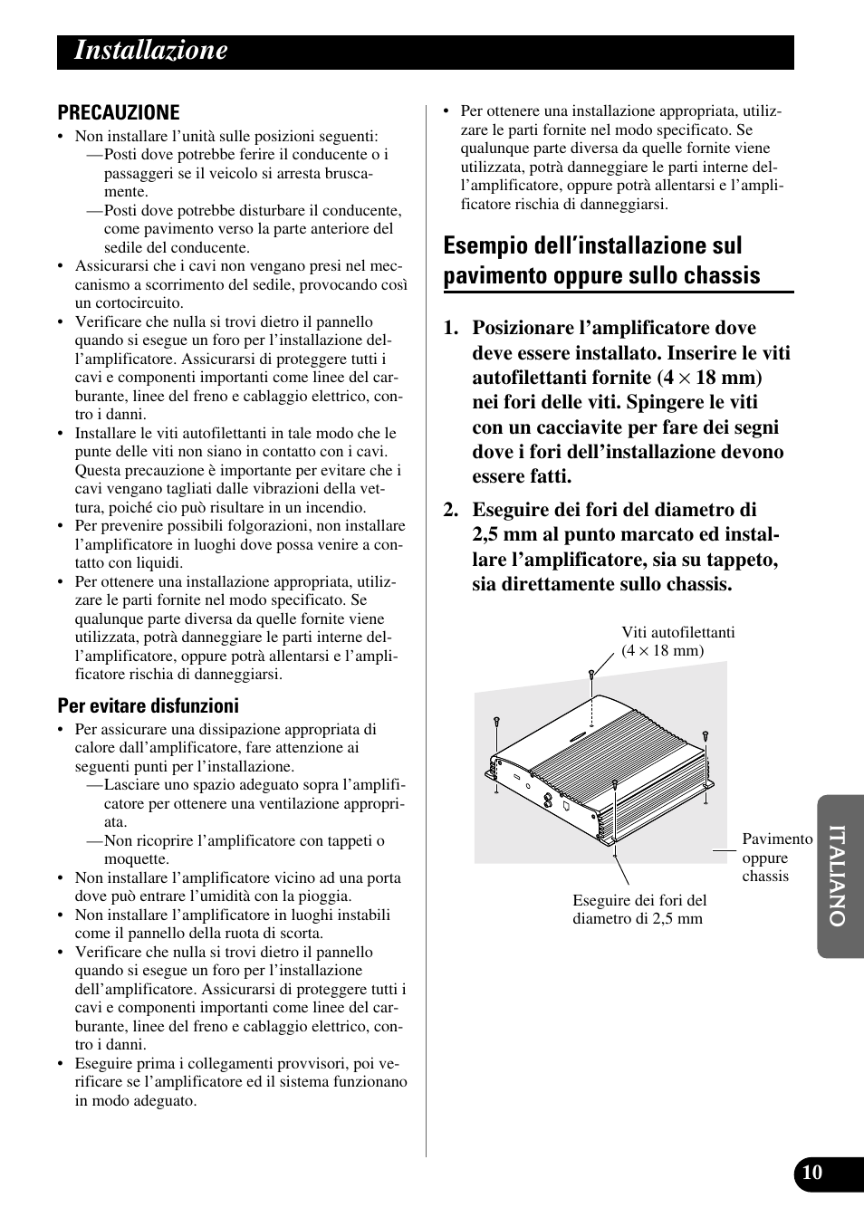 Installazione, Esempio dell’installazione sul pavimento, Oppure sullo chassis | Pioneer GM-X562 User Manual | Page 59 / 76