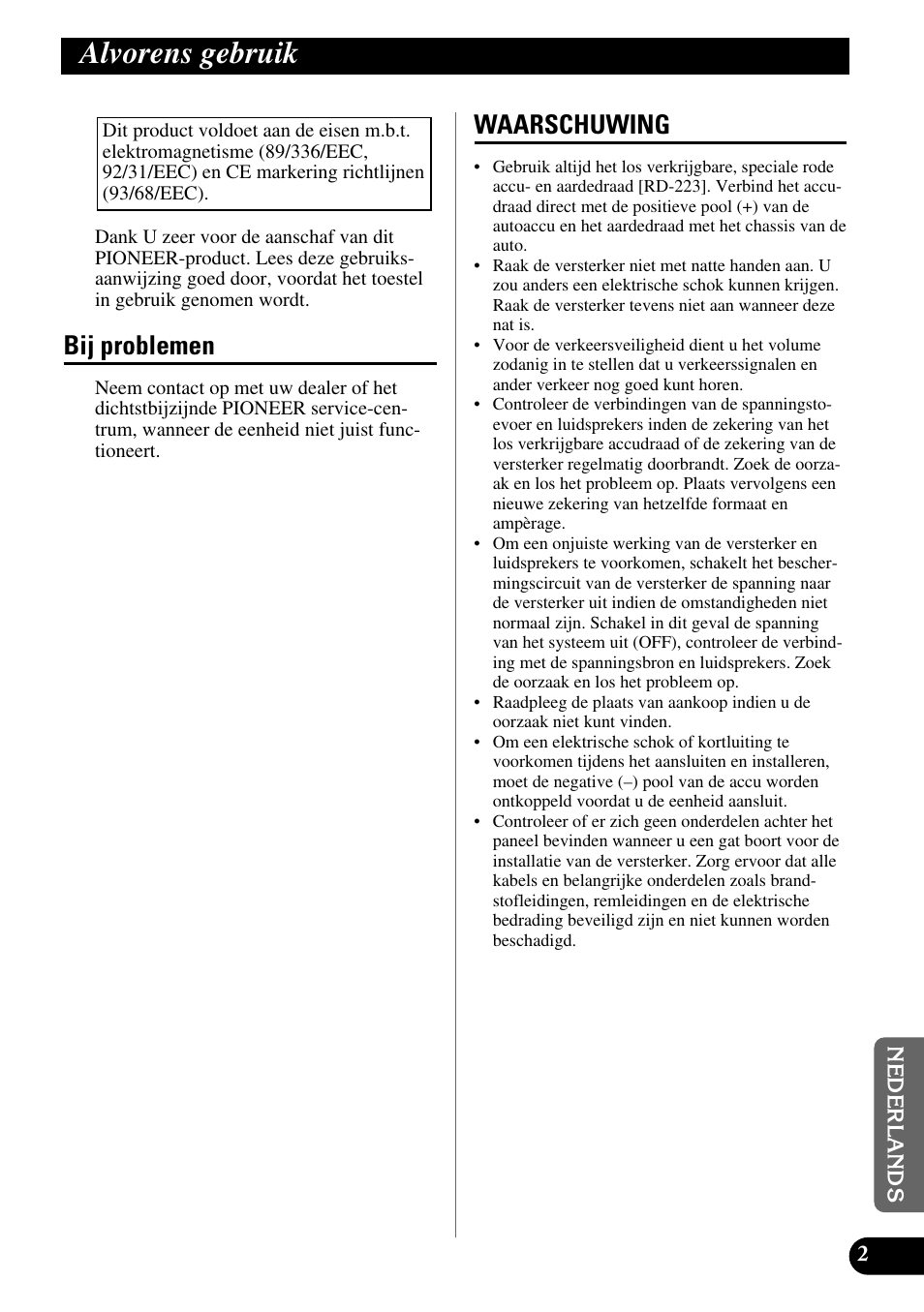 Alvorens gebruik, Bij problemen waarschuwing, Bij problemen | Waarschuwing | Pioneer GM-X562 User Manual | Page 63 / 76