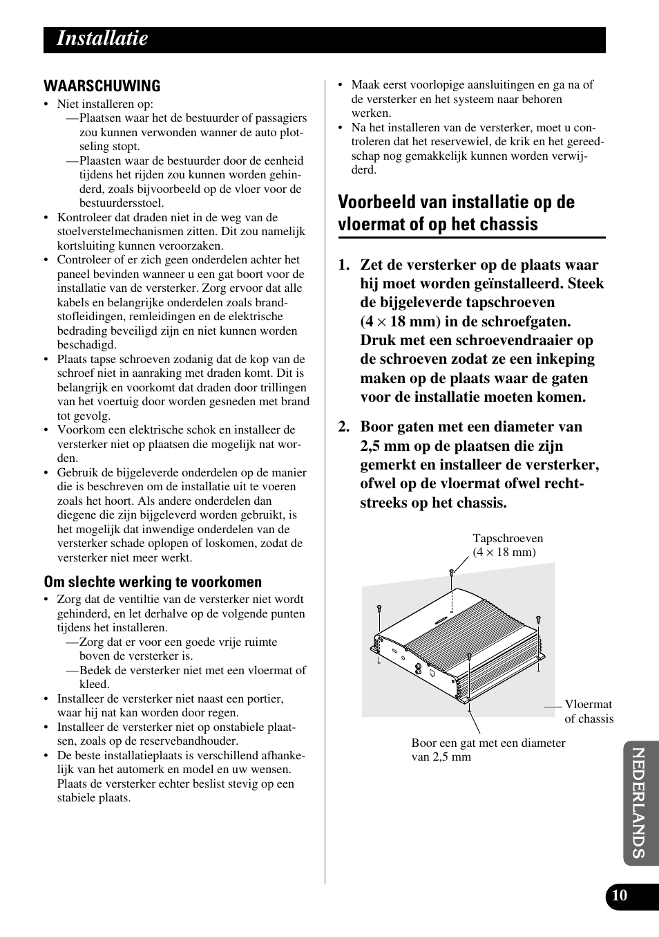 Installatie, Voorbeeld van installatie op de vloermat of, Op het chassis | Pioneer GM-X562 User Manual | Page 71 / 76