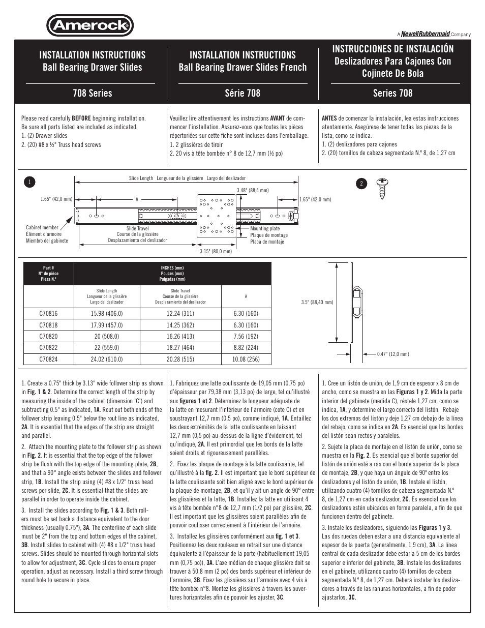 Amerock 708 Series Drawer Slide User Manual | 2 pages