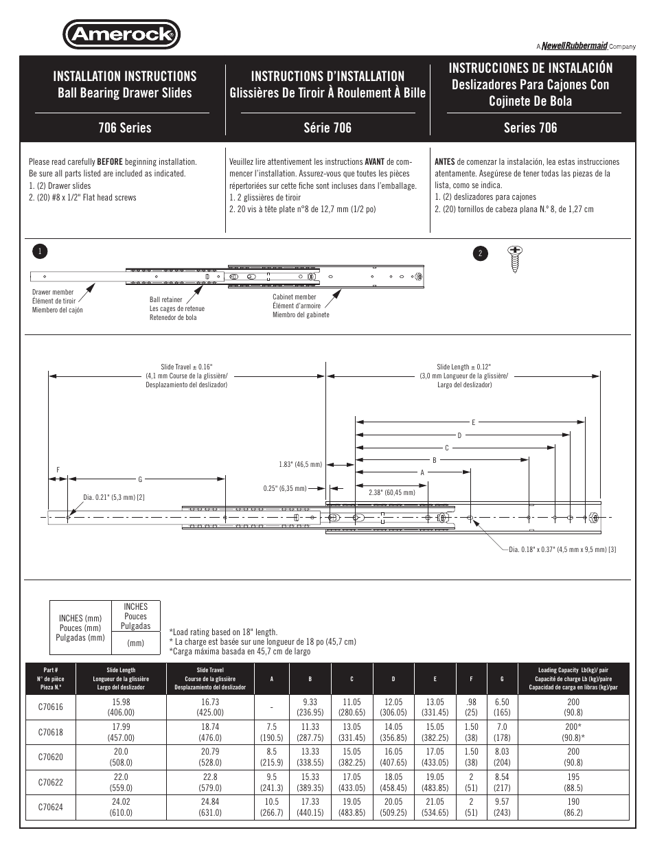 Amerock 706 Series Drawer Slide User Manual | 2 pages