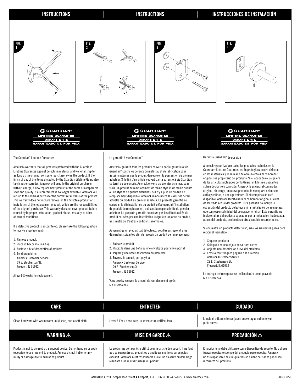 Instructions, Instructions instrucciones de instalación, Care entretien cuidado | Warning mise en garde precaución, Guardian | Amerock Arrondi User Manual | Page 2 / 2