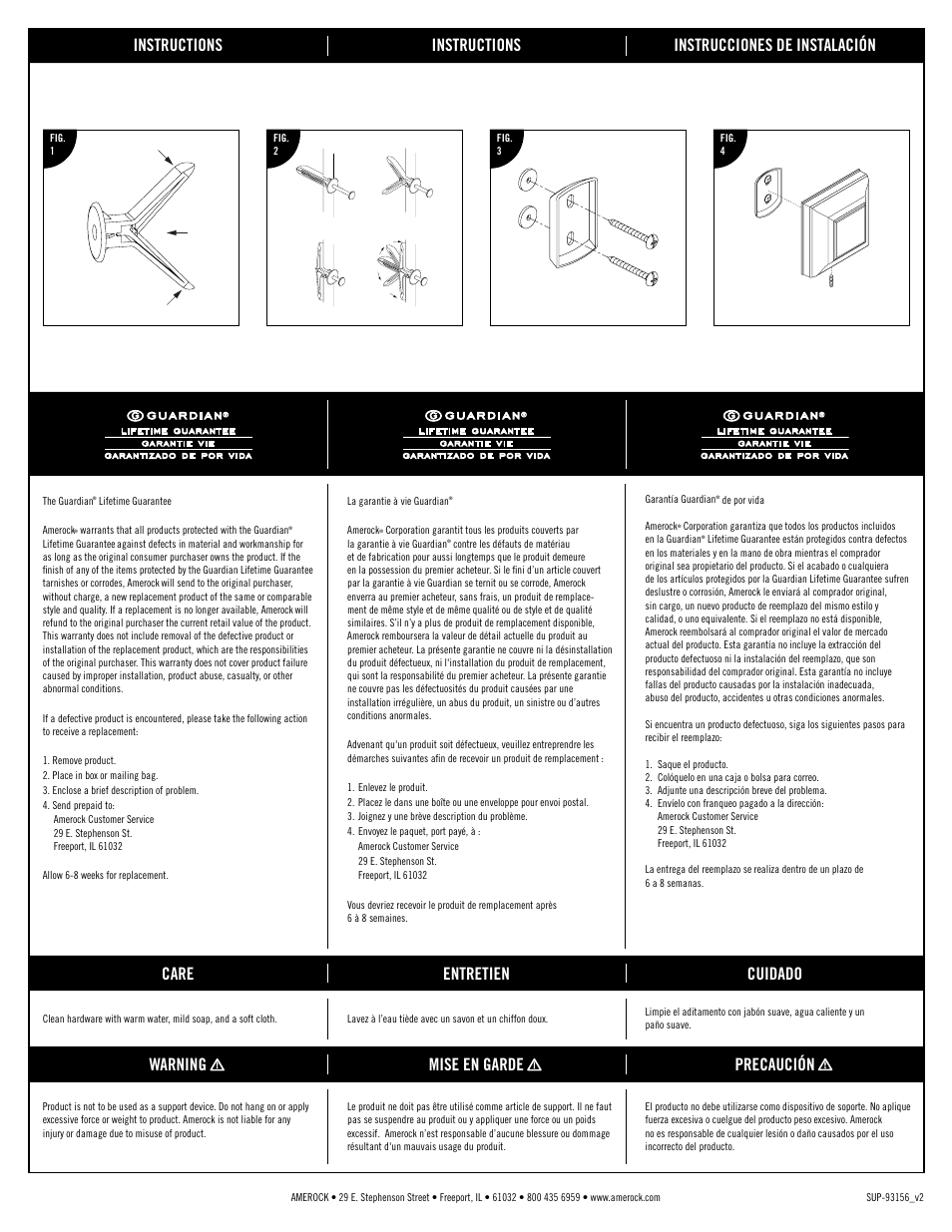 Instructions, Instructions instrucciones de instalación, Care entretien cuidado | Warning mise en garde precaución, Guardian | Amerock Markham User Manual | Page 2 / 2