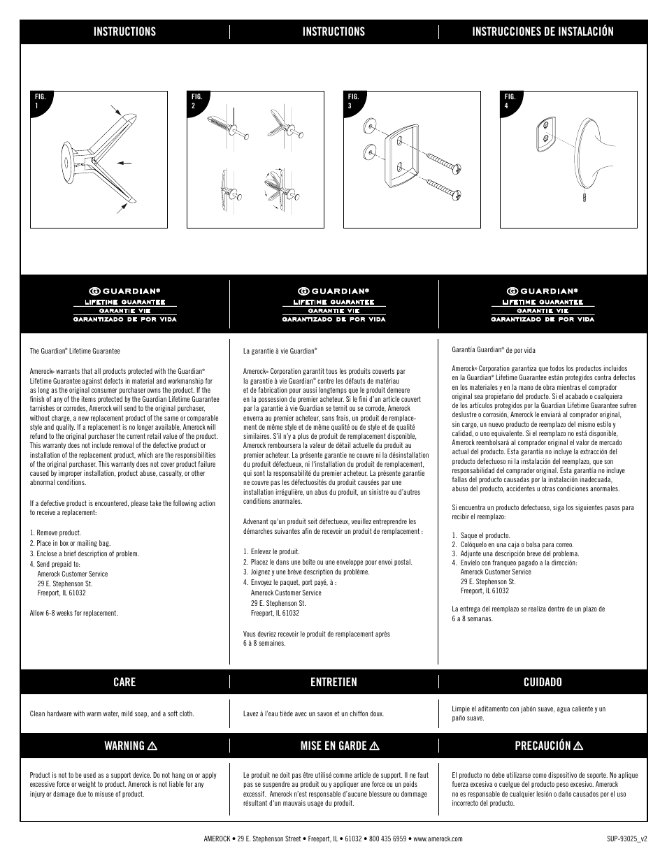 Instructions, Instructions instrucciones de instalación, Care entretien cuidado | Warning mise en garde precaución, Guardian | Amerock Saybrook Classic User Manual | Page 2 / 2
