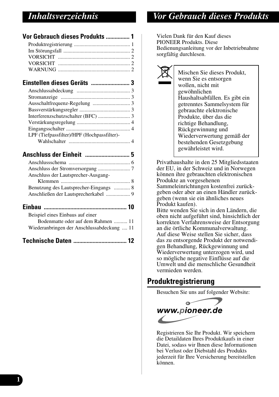 Deutsch, Inhaltsverzeichnis vor gebrauch dieses produkts, Produktregistrierung | Pioneer PRS-D200 User Manual | Page 26 / 86