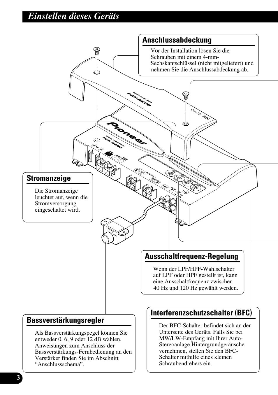 Einstellen dieses geräts, Stromanzeige, Ausschaltfrequenz-regelung | Interferenzschutzschalter (bfc), Anschlussabdeckung, Bassverstärkungsregler | Pioneer PRS-D200 User Manual | Page 28 / 86