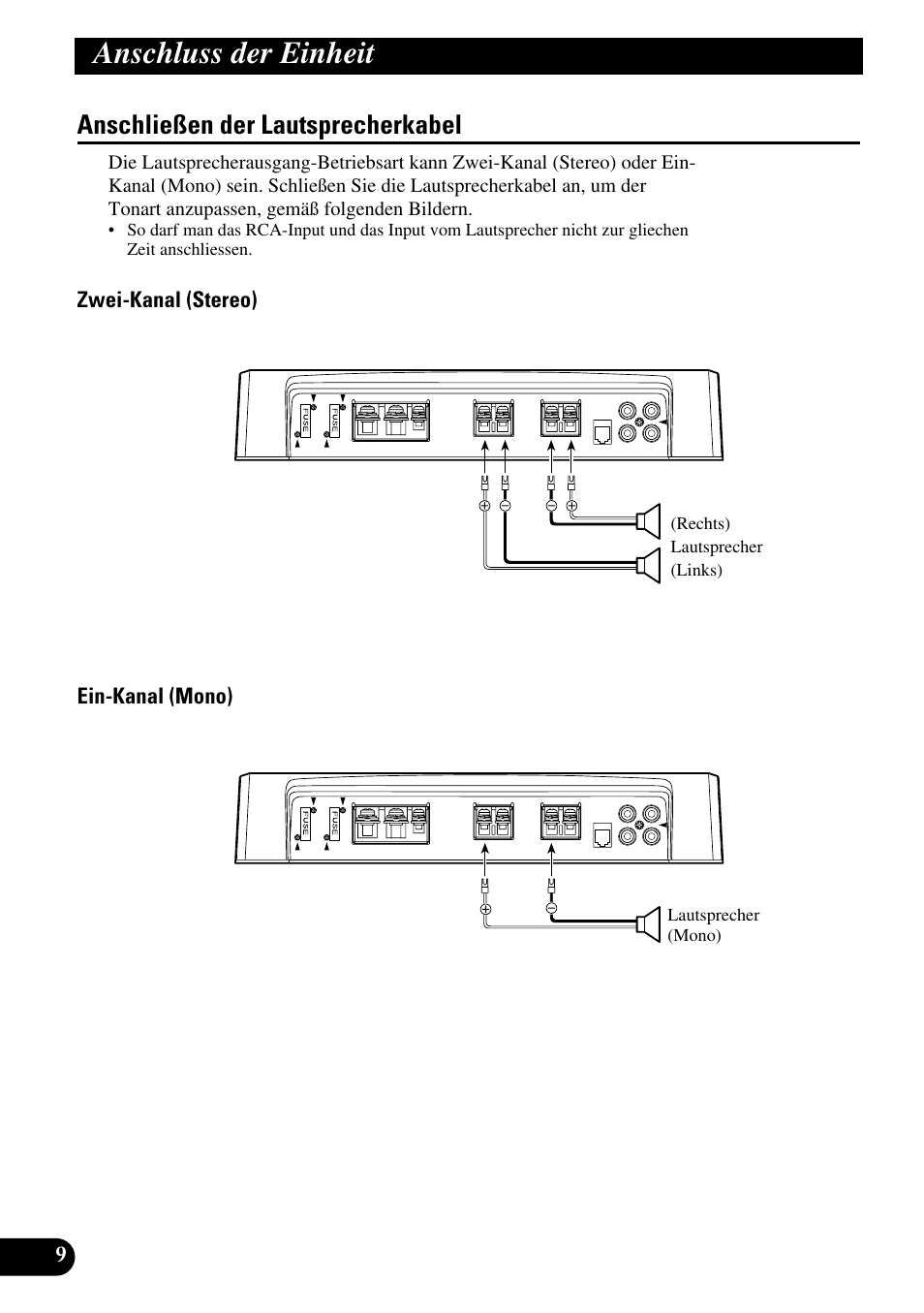 Anschließen der lautsprecherkabel, Anschluss der einheit | Pioneer PRS-D200 User Manual | Page 34 / 86