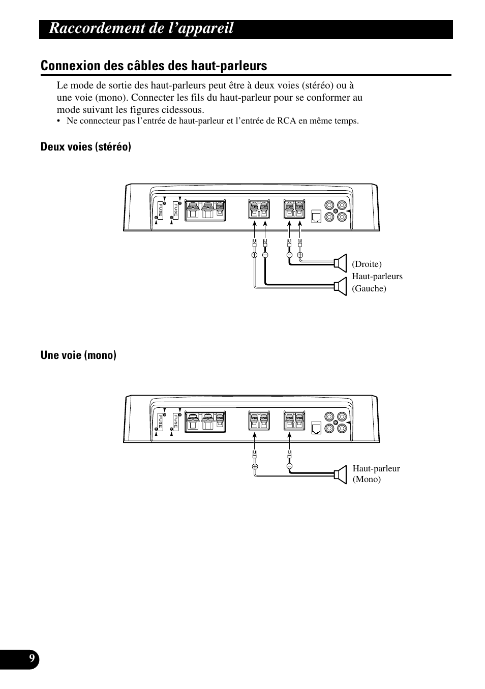 Connexion des câbles des haut-parleurs, Raccordement de l’appareil | Pioneer PRS-D200 User Manual | Page 46 / 86