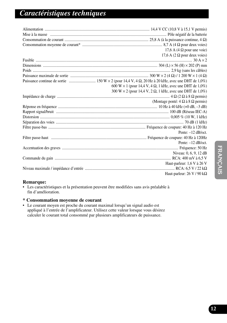Caractéristiques techniques | Pioneer PRS-D200 User Manual | Page 49 / 86