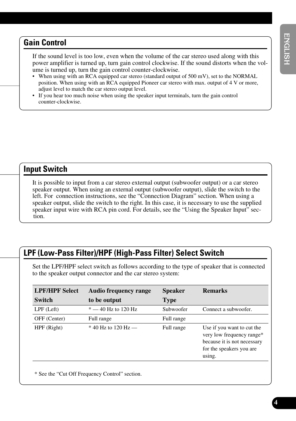 Select switch, Gain control, Input switch | Pioneer PRS-D200 User Manual | Page 5 / 86