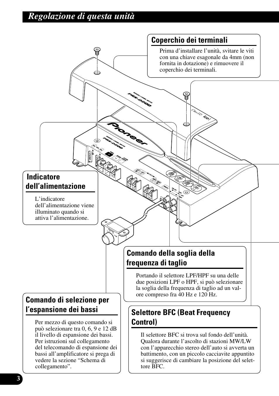 Regolazione di questa unità, Di taglio, Comando di selezione per l’espansione | Dei bassi, Selettore bfc (beat frequency control) | Pioneer PRS-D200 User Manual | Page 52 / 86