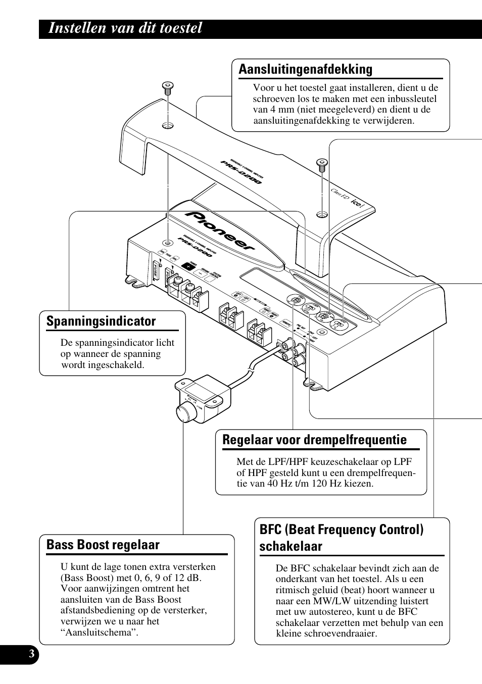 Instellen van dit toestel, Spanningsindicator, Bass boost regelaar | Regelaar voor drempelfrequentie, Aansluitingenafdekking, Bfc (beat frequency control) schakelaar | Pioneer PRS-D200 User Manual | Page 64 / 86