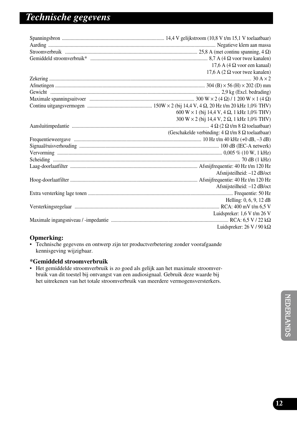 Technische gegevens | Pioneer PRS-D200 User Manual | Page 73 / 86