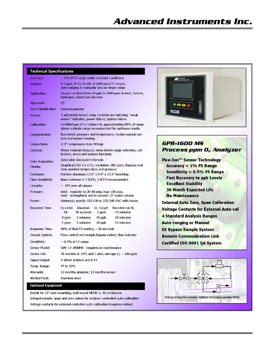 4 features & specifications, Advanced instruments inc | Analytical Industries GPR-1600 MS Series PPB Oxygen Analyzer User Manual | Page 8 / 50