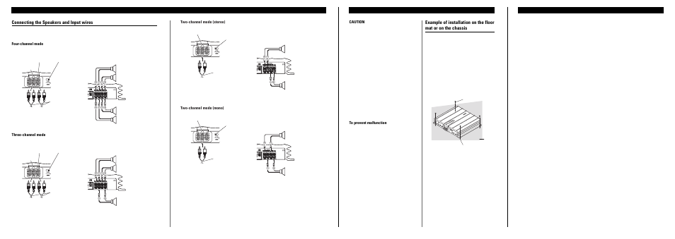 Connecting the unit, Installation, Specifications | Connecting the speakers and input wires, Caution, Four-channel mode three-channel mode, Two-channel mode (stereo) two-channel mode (mono) | Pioneer GM-X944 User Manual | Page 3 / 6