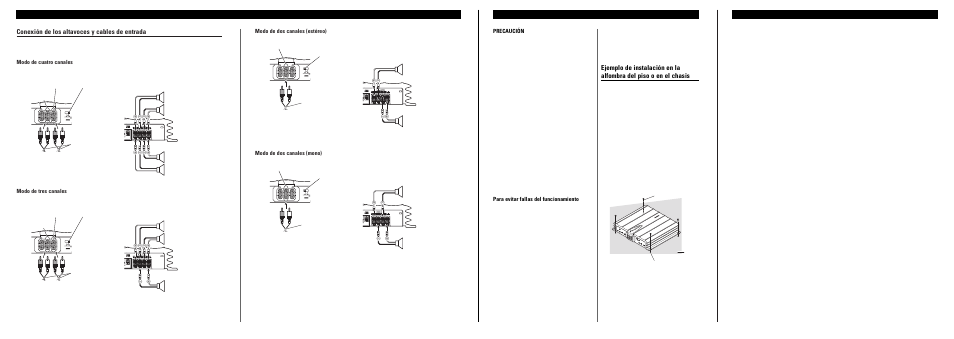 Especificaciones, Conexión de la unidad instalación, Conexión de los altavoces y cables de entrada | Precaución, Para evitar fallas del funcionamiento, Modo de cuatro canales modo de tres canales | Pioneer GM-X944 User Manual | Page 6 / 6