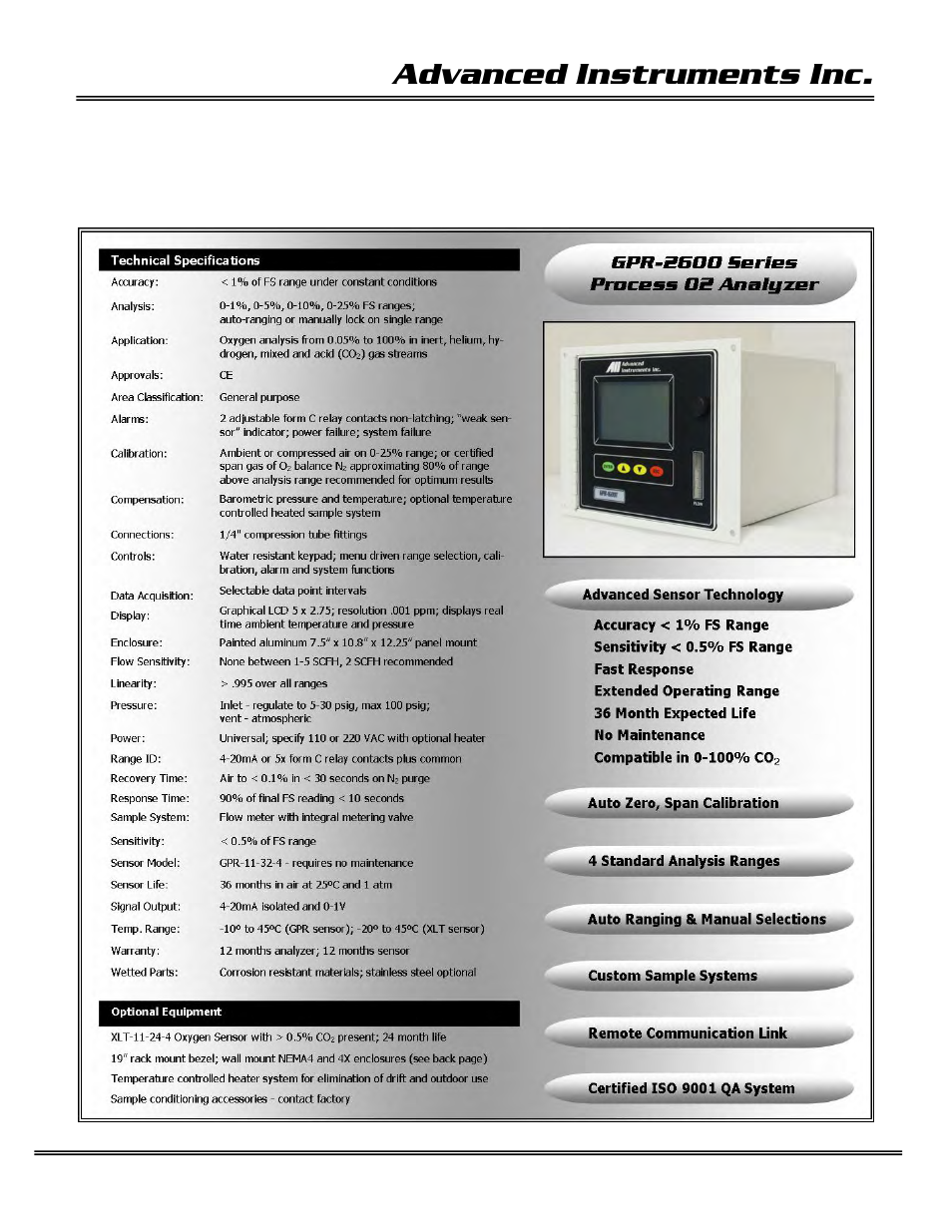 4 features & specifications, Advanced instruments inc | Analytical Industries GPR-2600 Series Oxygen Analyzer User Manual | Page 9 / 52