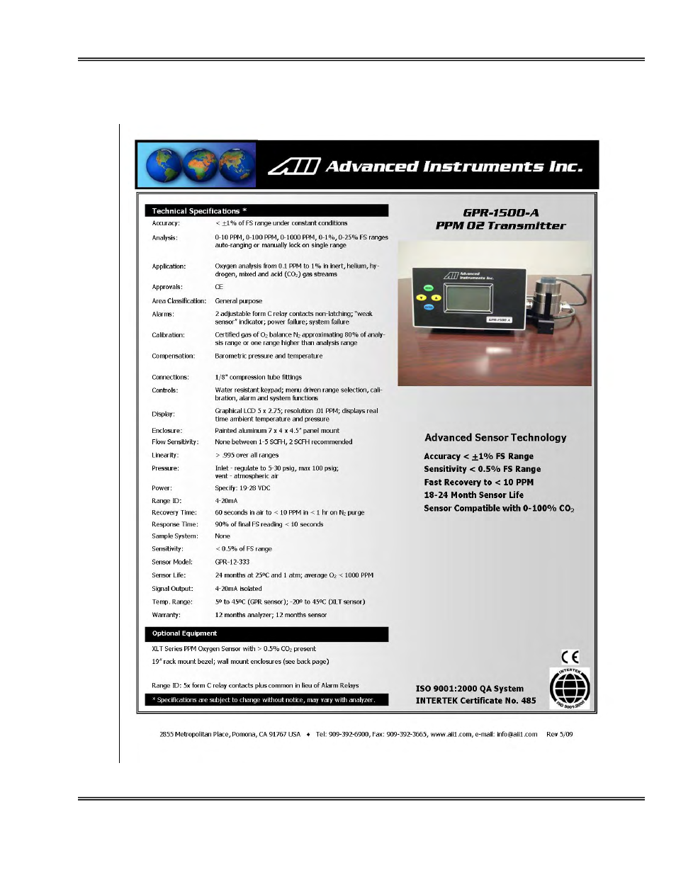 Features & specifications | Analytical Industries GPR-1500 A Series Trace PPM Oxygen Analyzer User Manual | Page 10 / 51