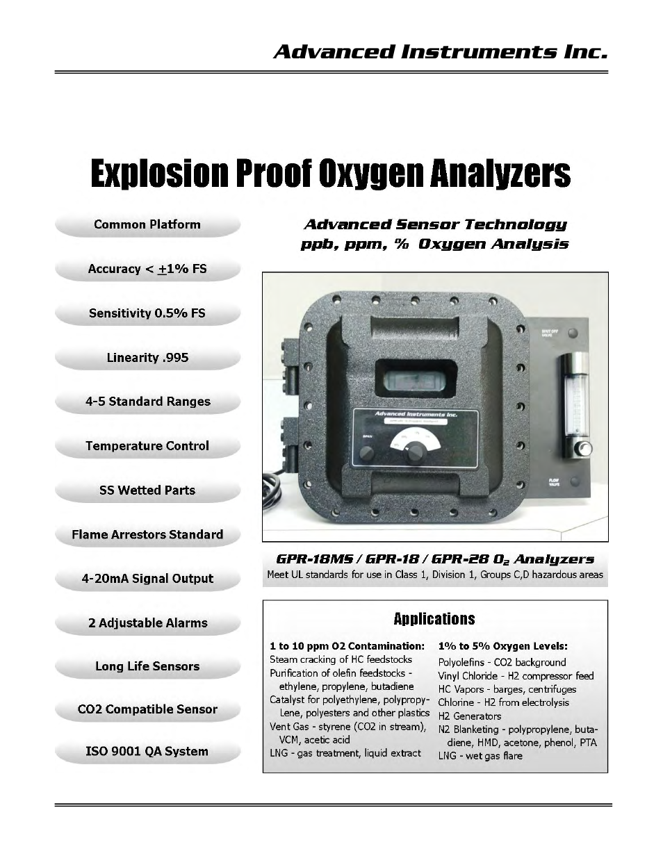 4 features & specifications, Advanced instruments inc | Analytical Industries GPR-28 Oxygen Analyzer User Manual | Page 9 / 39