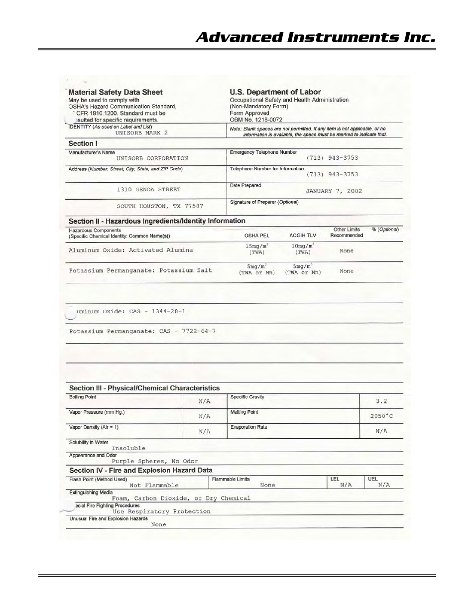 Advanced instruments inc | Analytical Industries GPR-1800 AIS ATEX Trace PPM Oxygen Analyzer User Manual | Page 44 / 46