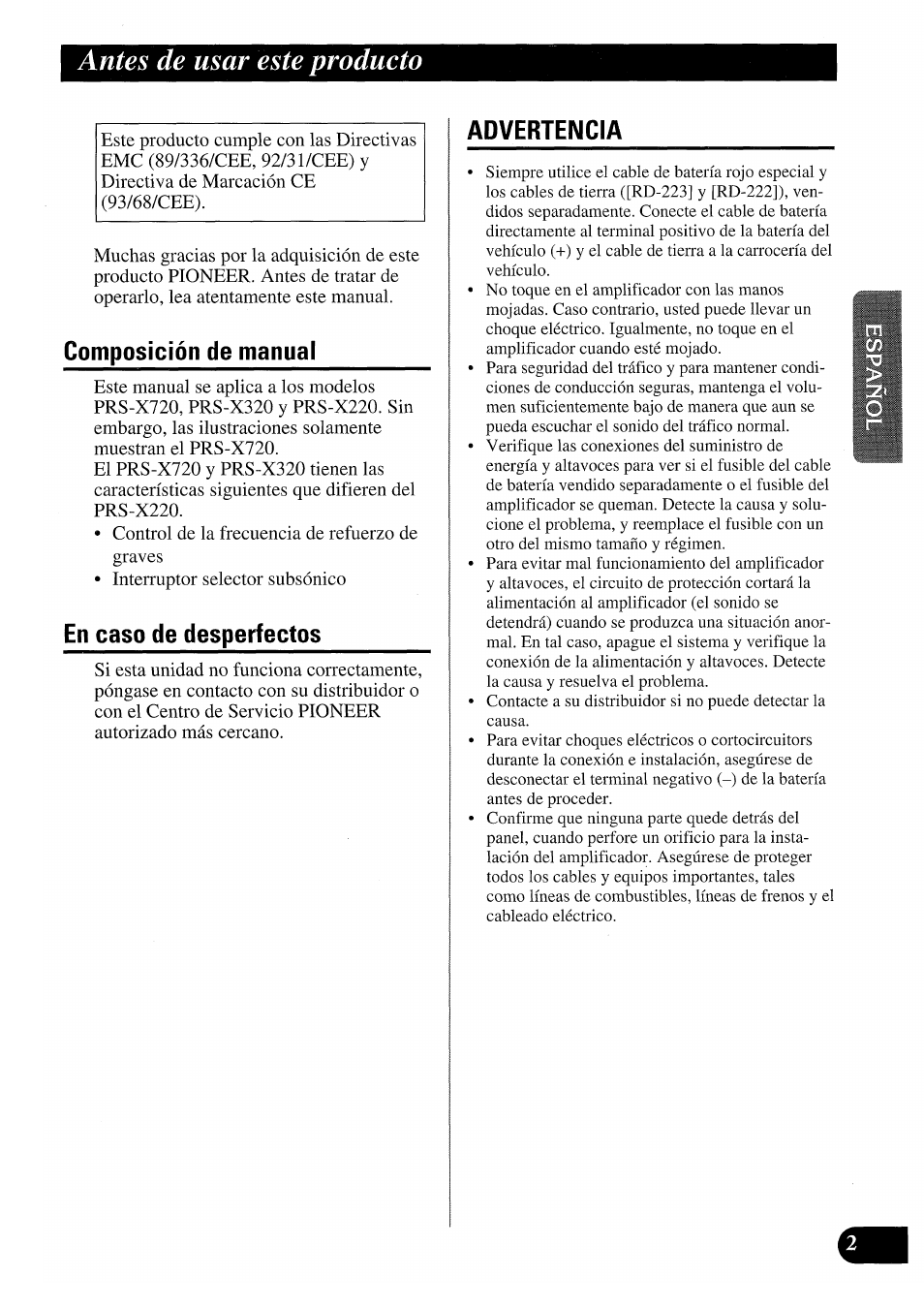 Antes de usar este producto | Pioneer PRS-X220 User Manual | Page 15 / 88