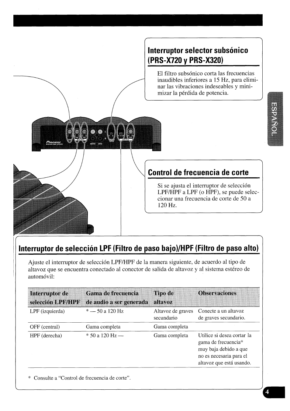 Interruptor selector subsónico (prs-x720yprs-x320), Control de frecuencia de corte | Pioneer PRS-X220 User Manual | Page 17 / 88