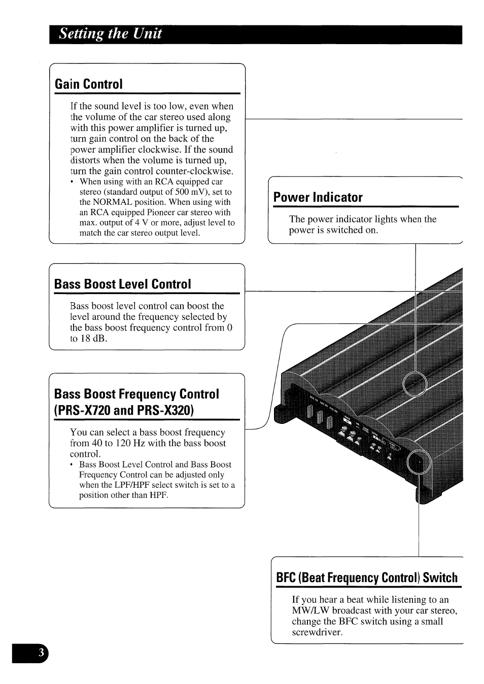 Gain control, Bass boost level control, Power indicator | Rfc (beat frequency control) switch, Setting the unit | Pioneer PRS-X220 User Manual | Page 2 / 88