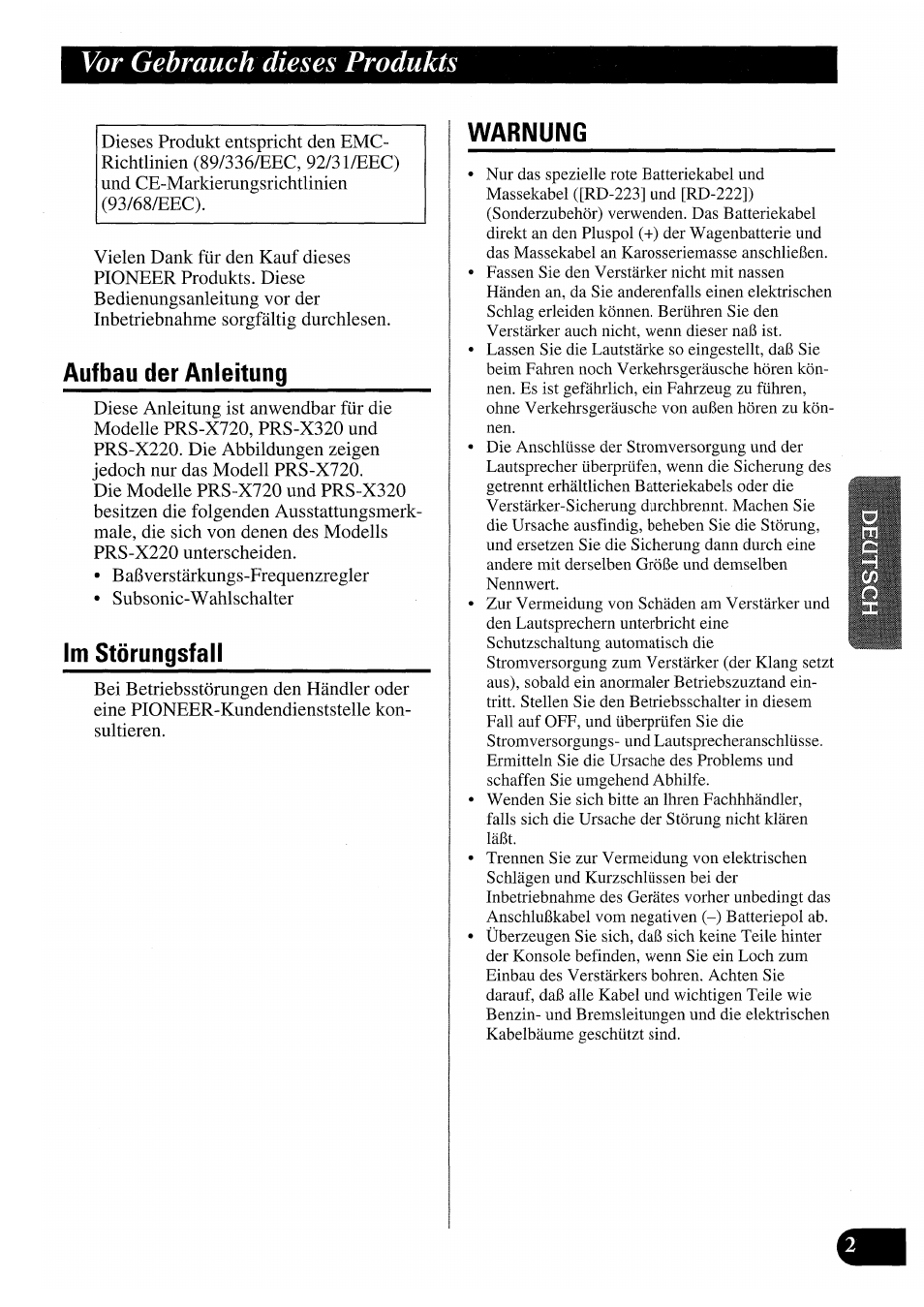 Vor gebrauch dieses produkts, Aufbau der anleitung, Im störungsfall | Warnung, Aufbau der anleitung im störungsfall warnung | Pioneer PRS-X220 User Manual | Page 29 / 88