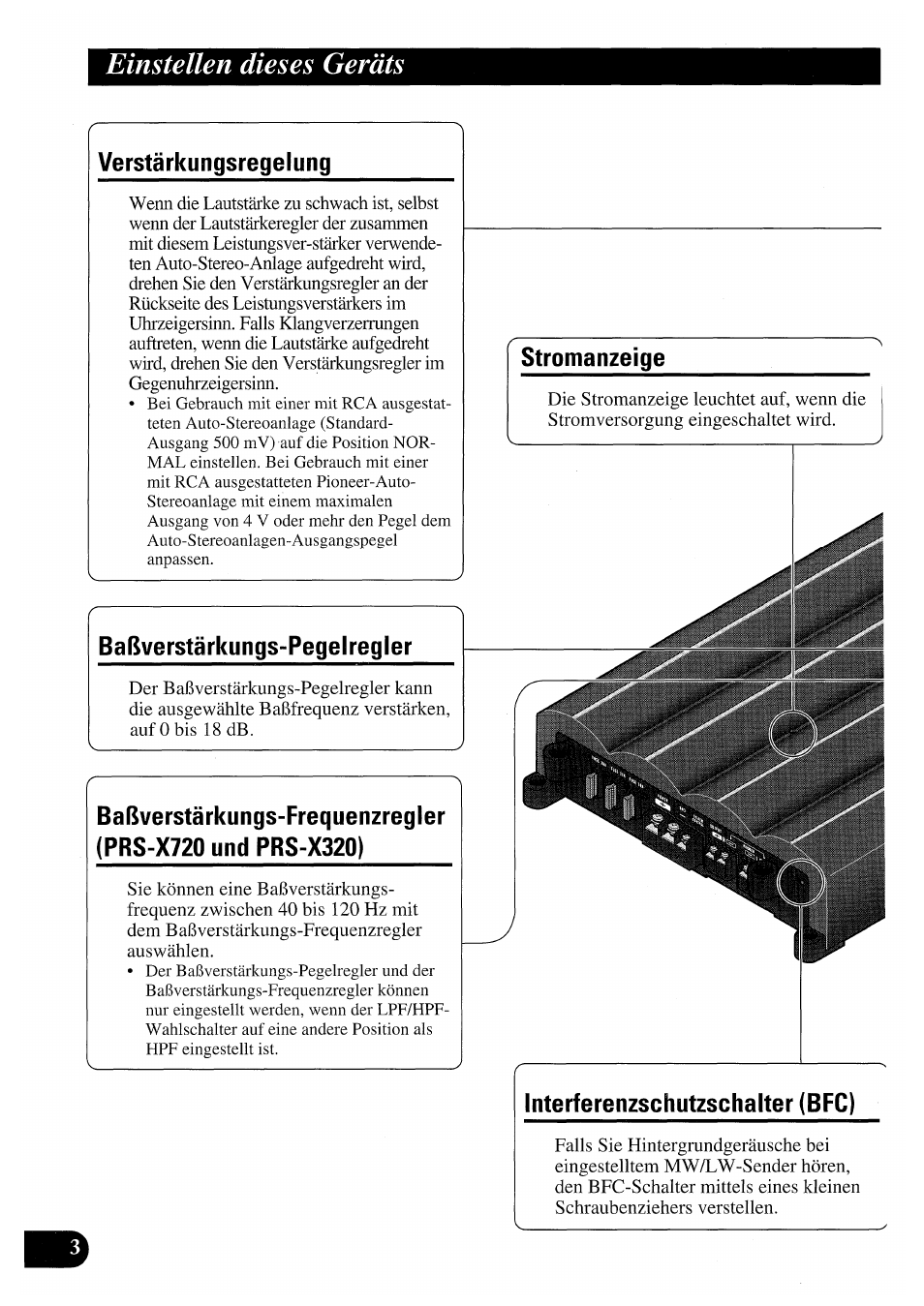 Einstellen dieses geräts, Verstärkungsregelung, Baßverstärkungs-pegelregler | Stromanzeige, Interferenzschutzschalter (bfc), Verstärkungsregelung baßverstärkungs-pegelregler | Pioneer PRS-X220 User Manual | Page 30 / 88