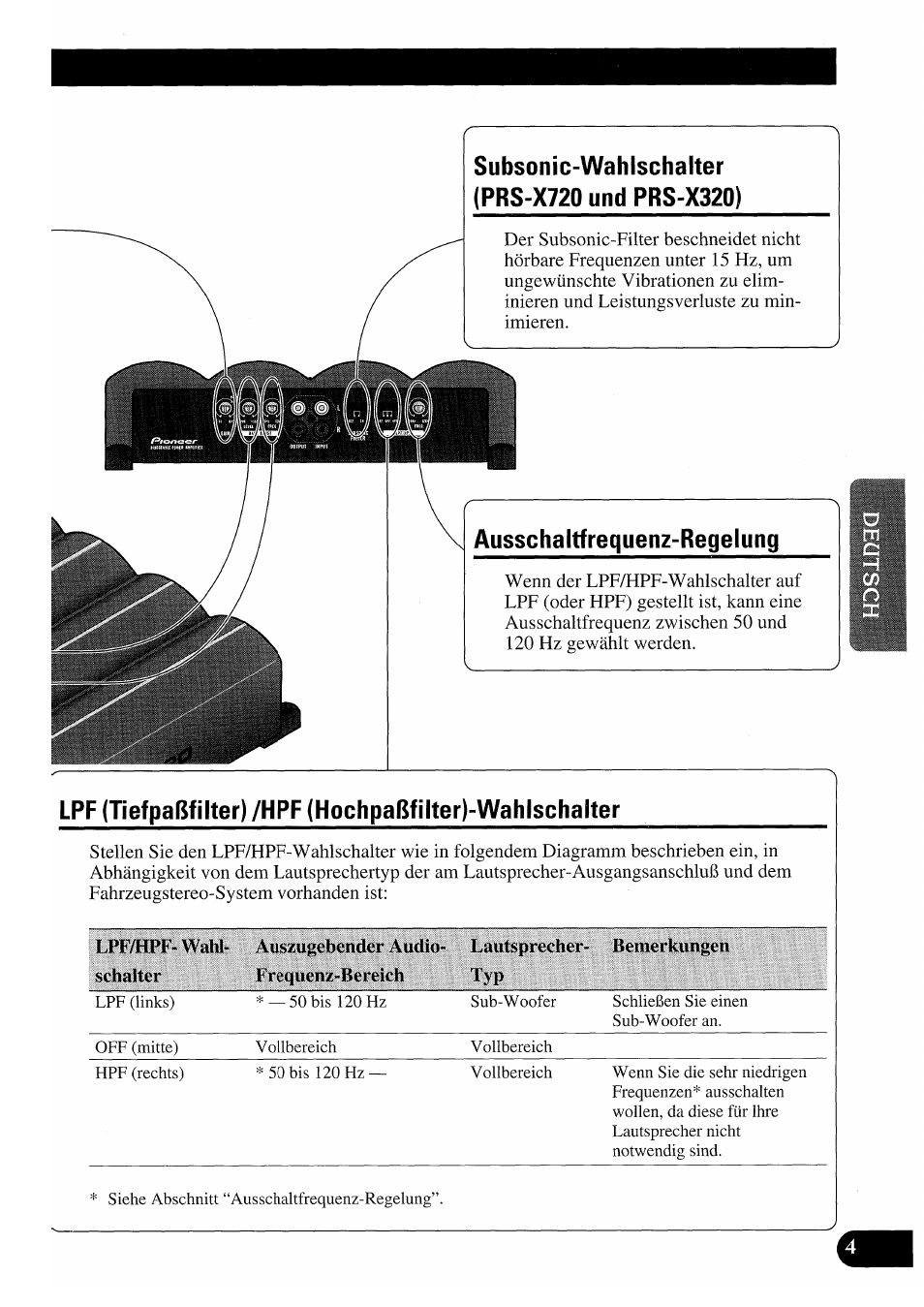 Subsonic-wahlschalter (prs-x720 und prs-x320), Ausschaltfrequenz-regelung | Pioneer PRS-X220 User Manual | Page 31 / 88