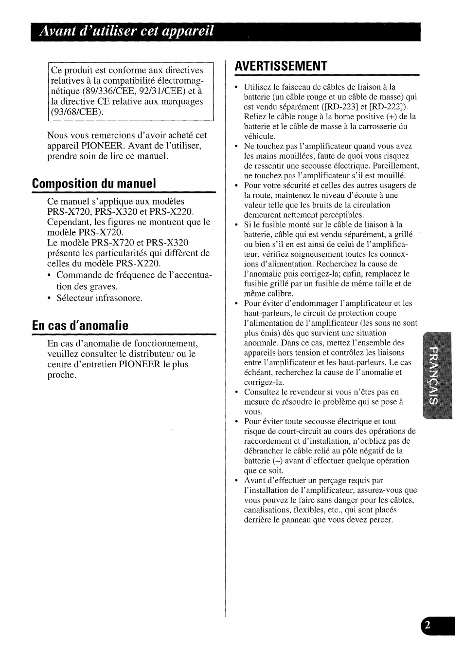 Avant d’utiliser cet appareil | Pioneer PRS-X220 User Manual | Page 43 / 88