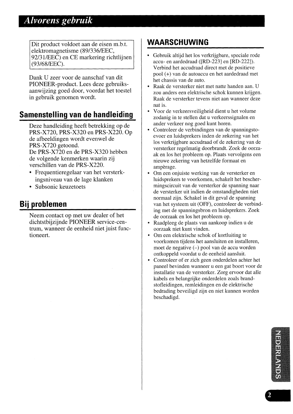 Alvorens gebruik, Samenstelling van de handleiding, Bij problemen | Waarschuwing, Samenstelling van de handleiding bij problemen, Problemen | Pioneer PRS-X220 User Manual | Page 71 / 88