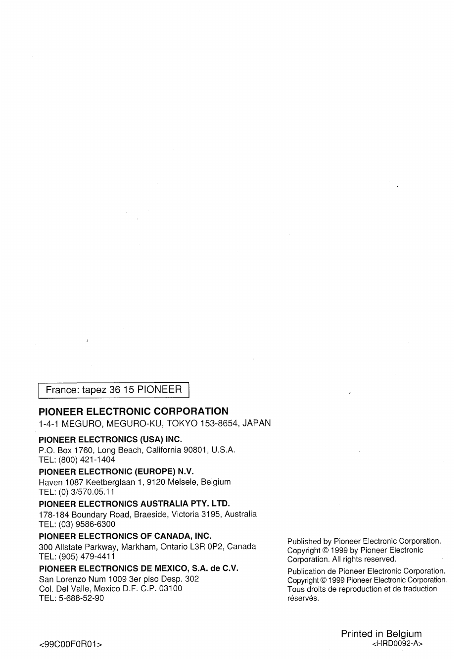 Printed in belgium | Pioneer PRS-X220 User Manual | Page 88 / 88