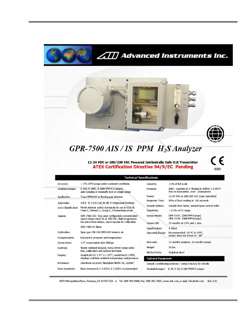 Features & specifications | Analytical Industries GPR-7500 AIS Trace PPM Hydrogen Sulfide Analyzer User Manual | Page 8 / 36