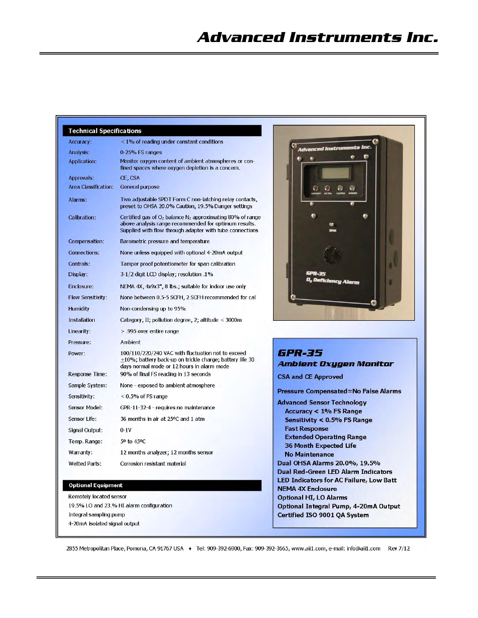 4 features & specifications, Advanced instruments inc | Analytical Industries GPR-35 Oxygen Analyzer User Manual | Page 9 / 32