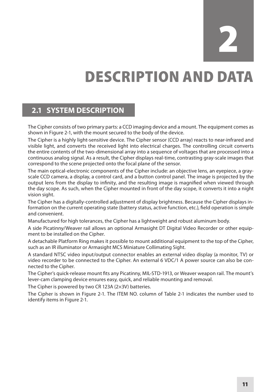 Description and data | Armasight DACCIPHBB01NTS1 Cipher Digital Night Vision Clip-on System User Manual | Page 11 / 44