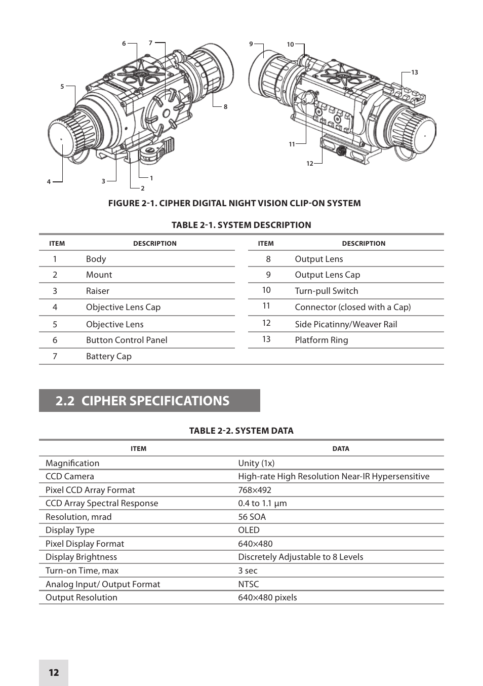 2 cipher specifications | Armasight DACCIPHBB01NTS1 Cipher Digital Night Vision Clip-on System User Manual | Page 12 / 44