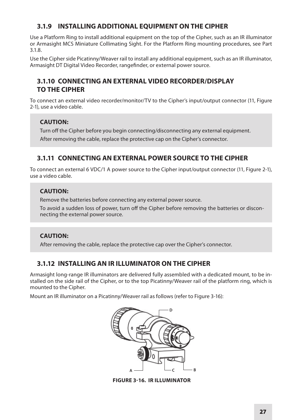 9 installing additional equipment on the cipher, 12 installing an ir illuminator on the cipher | Armasight DACCIPHBB01NTS1 Cipher Digital Night Vision Clip-on System User Manual | Page 27 / 44