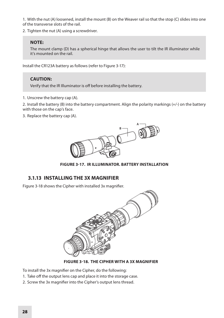 13 installing the 3x magnifier | Armasight DACCIPHBB01NTS1 Cipher Digital Night Vision Clip-on System User Manual | Page 28 / 44