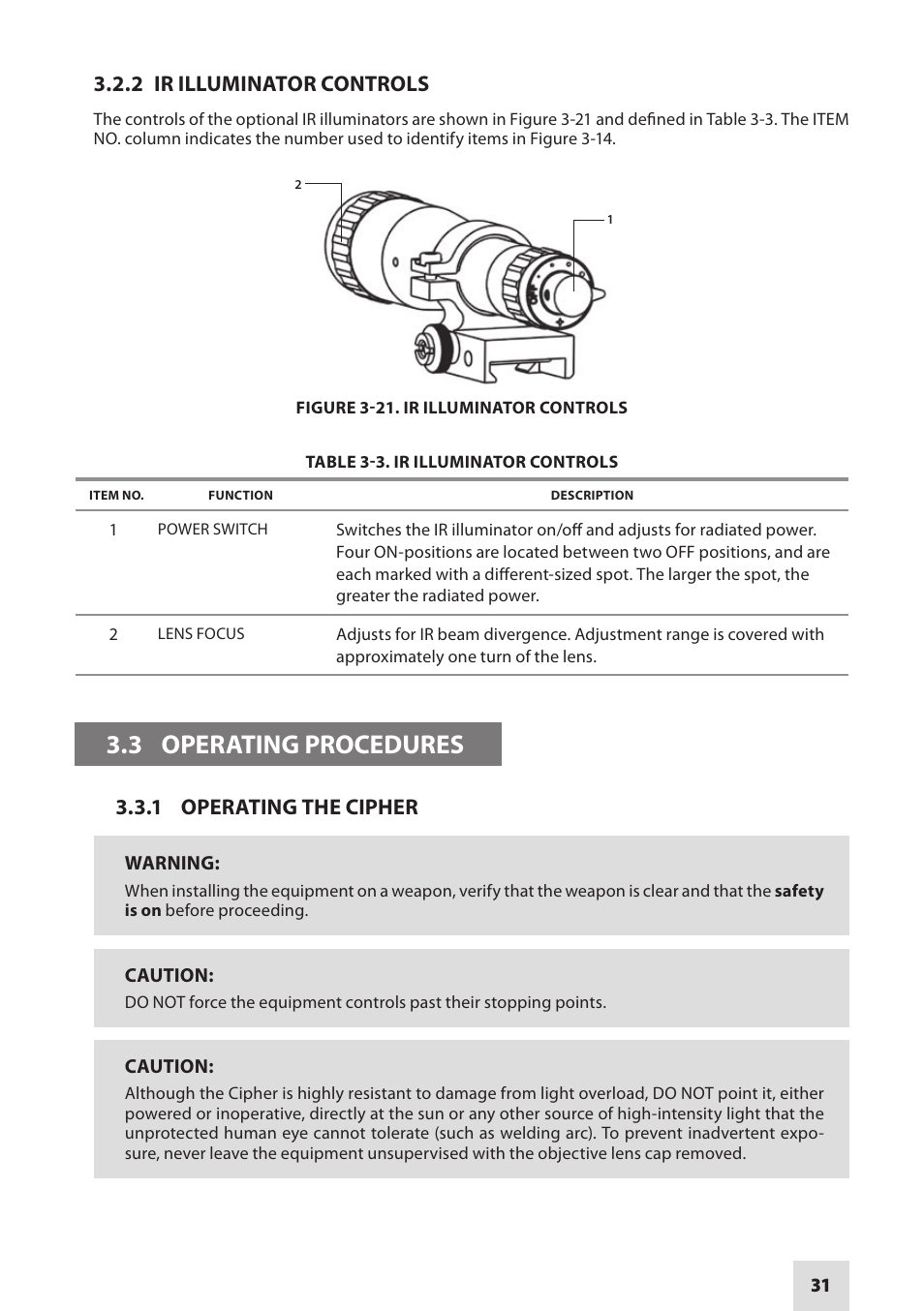 3 operating procedures, 2 ir illuminator controls, 1 operating the cipher | Armasight DACCIPHBB01NTS1 Cipher Digital Night Vision Clip-on System User Manual | Page 31 / 44