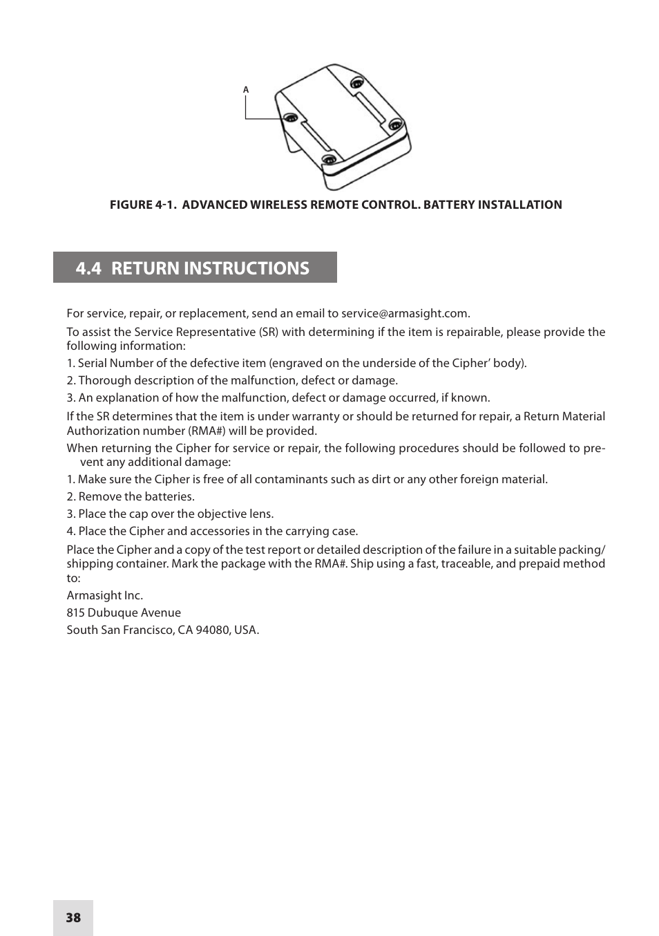 4 return instructions | Armasight DACCIPHBB01NTS1 Cipher Digital Night Vision Clip-on System User Manual | Page 38 / 44